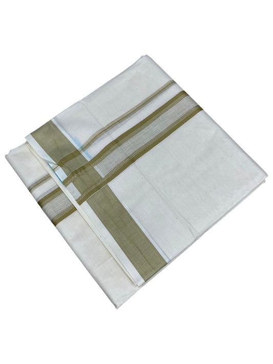Southloom Kerala Pure Cotton Double Mundu with Olive Green Border (South Indian Kerala Dhoti)