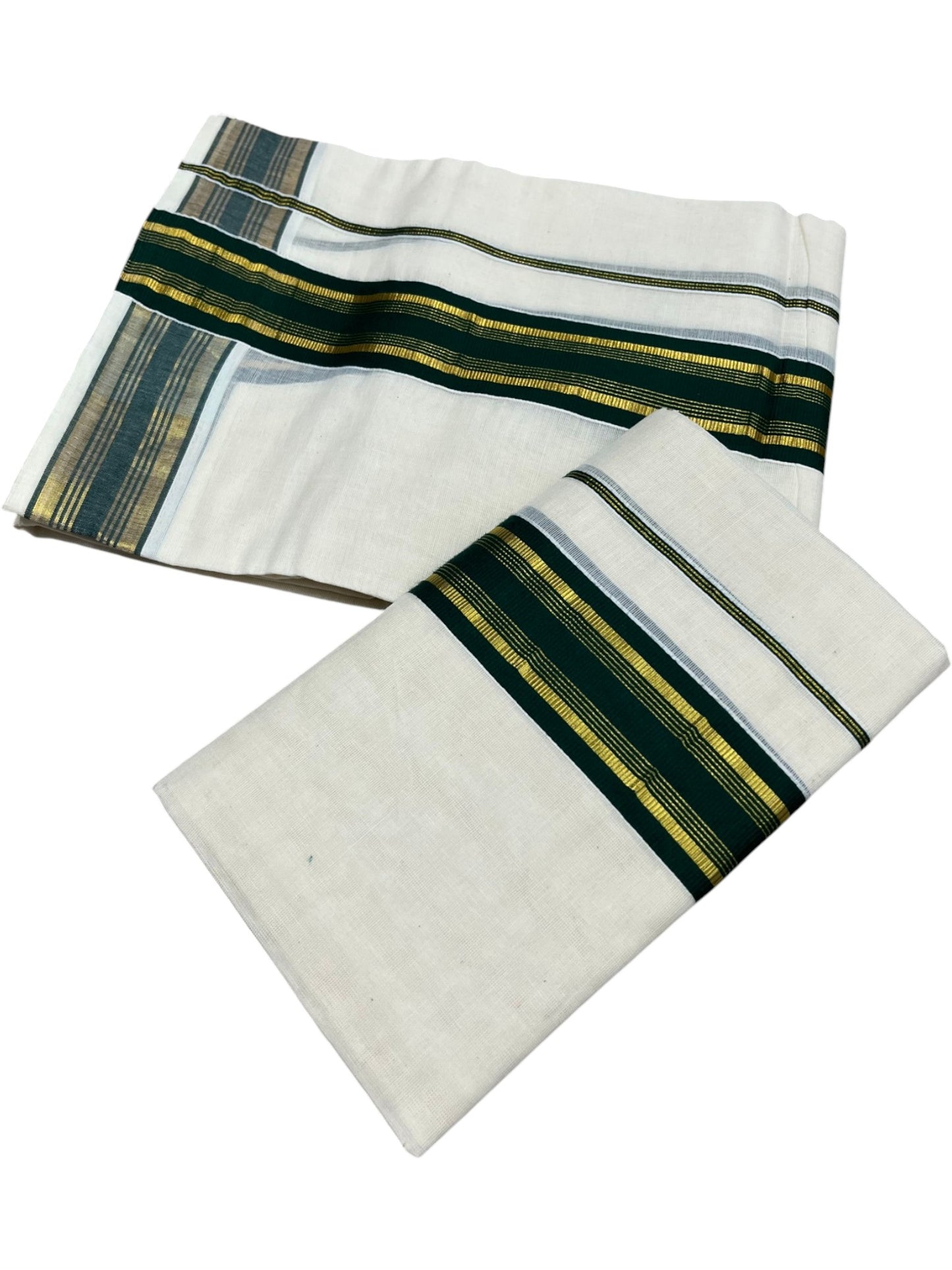 Southloom Kerala Cotton Kasavu Single Set Mundu (Mundum Neriyathum) with Green Kasavu Border SLKK