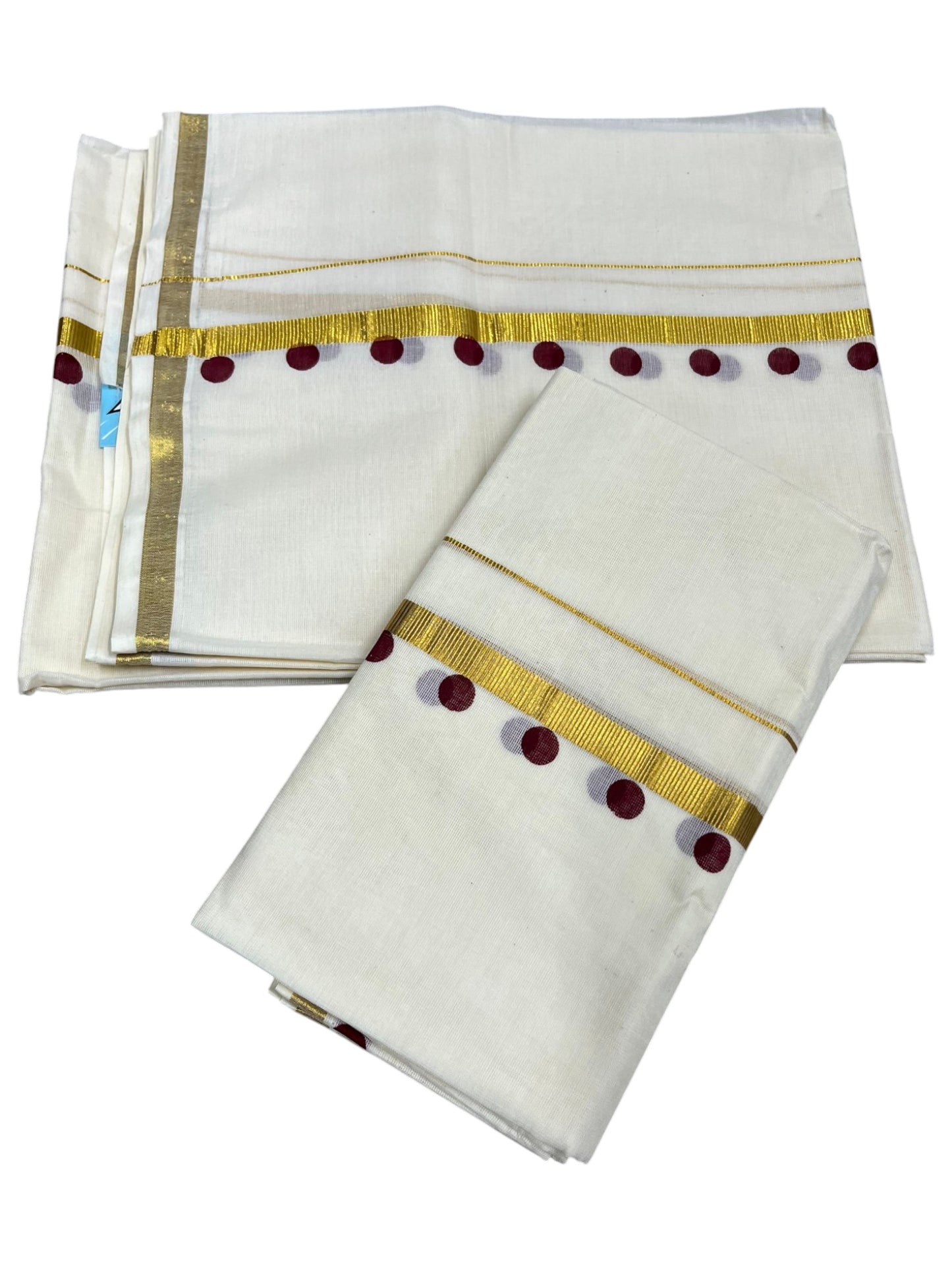 Southloom Pure Cotton Kerala Single Set Mundu (Mundum Neriyathum) with Polka Dots in Maroon 2.80 Mtrs