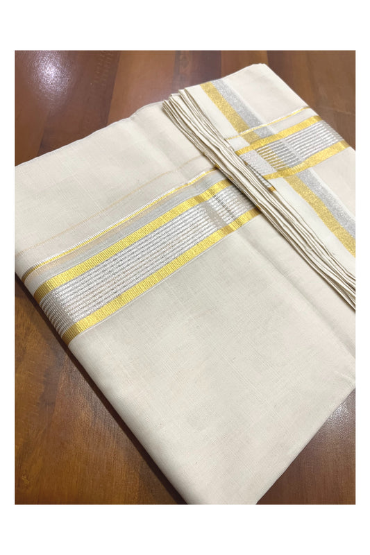 Southloom Premium Balaramapuram Wedding Handloom Mundu with Golden and Silver Kasavu Border (South Indian Kerala Dhoti)