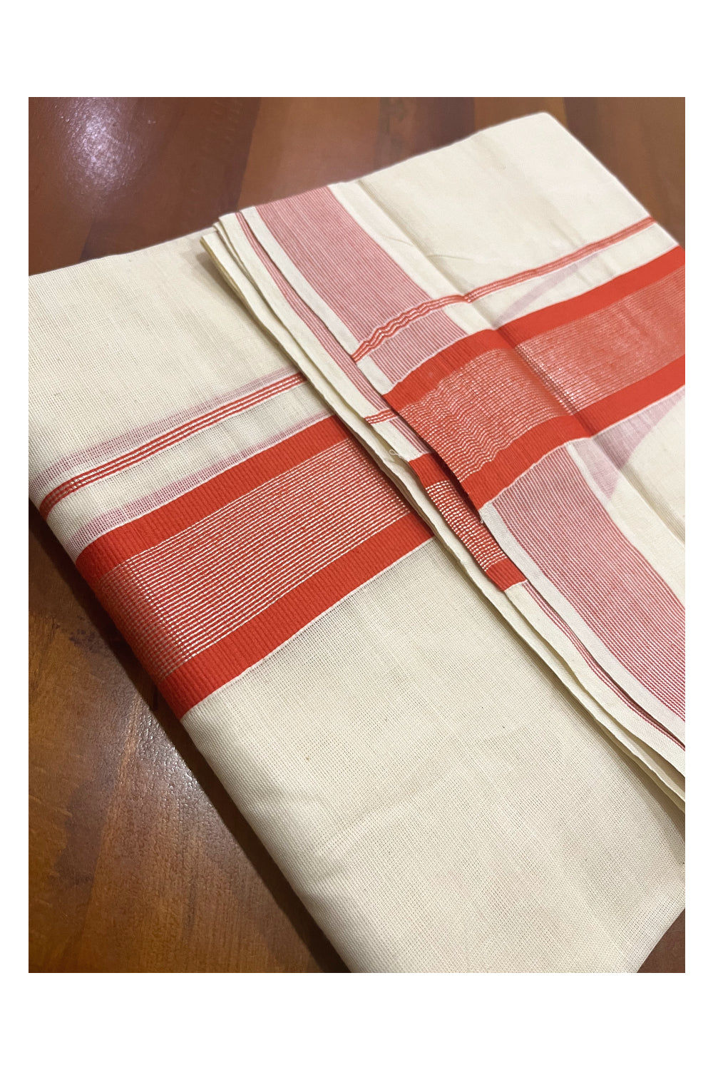 Pure Cotton Double Mundu with Orange and Silver Kasavu Kara (South Indian Kerala Dhoti)