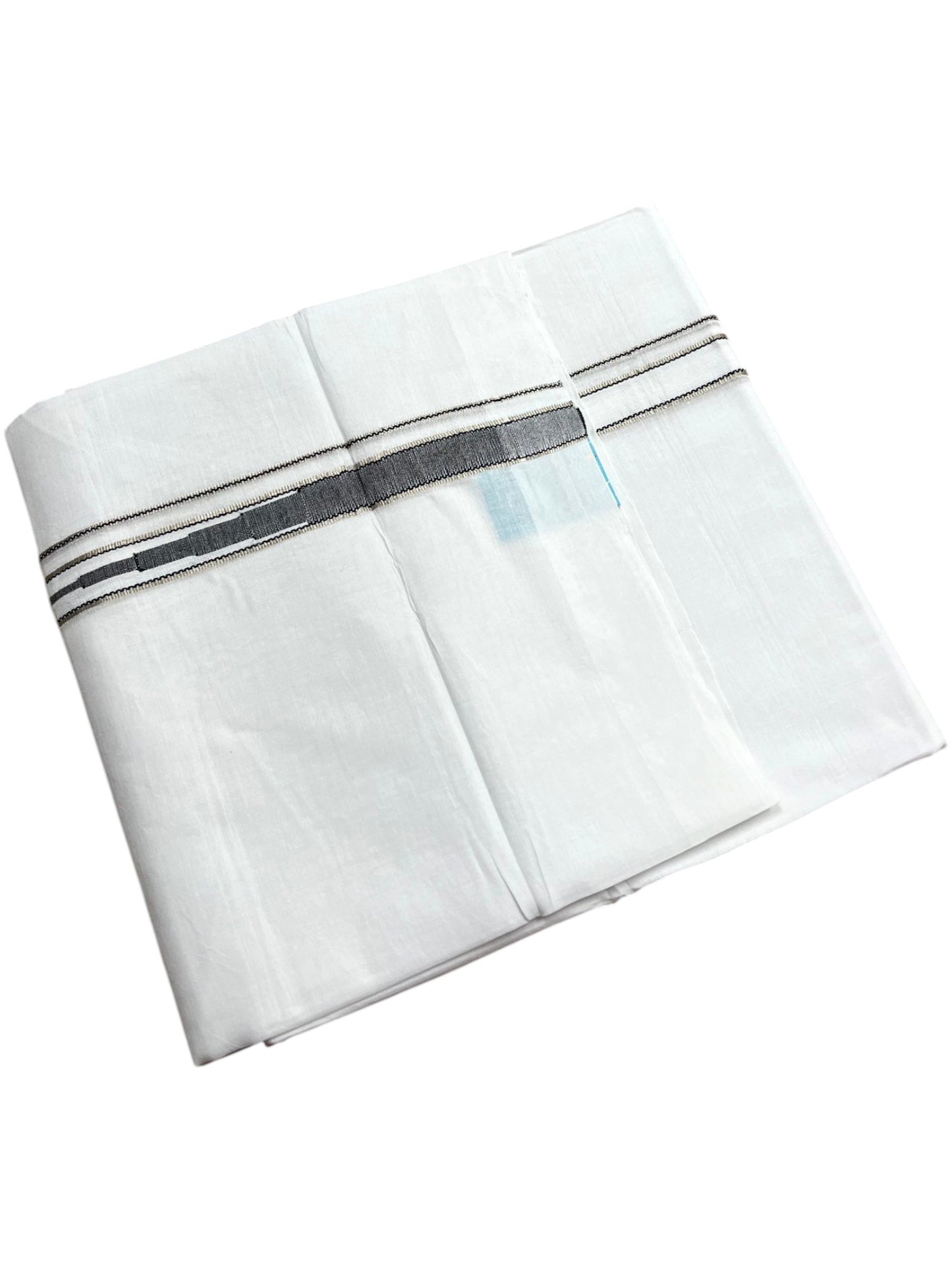 Southloom Pure White Cotton Double Mundu with Silver and Black Chutti Kara (South Indian Dhoti)