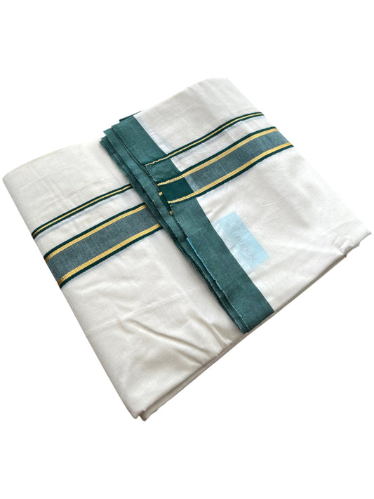 Southloom Pure Cotton Mundu with Golden Lines and Green Border (South Indian Kerala Dhoti)