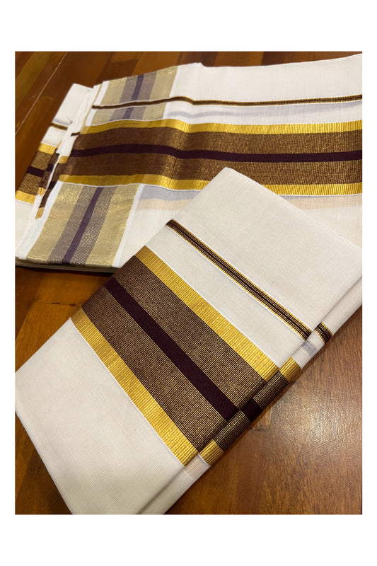 Kerala Cotton Set Mundu (Mundum Neriyathum) with Brown and Kasavu Border 2.80 Mtrs