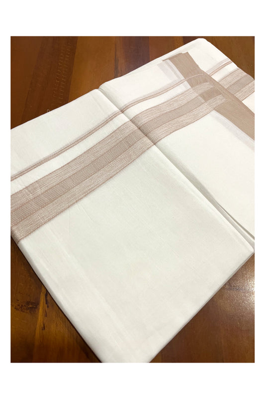 Pure White Cotton Double Mundu with Light Brown Border (South Indian Kerala Dhoti)