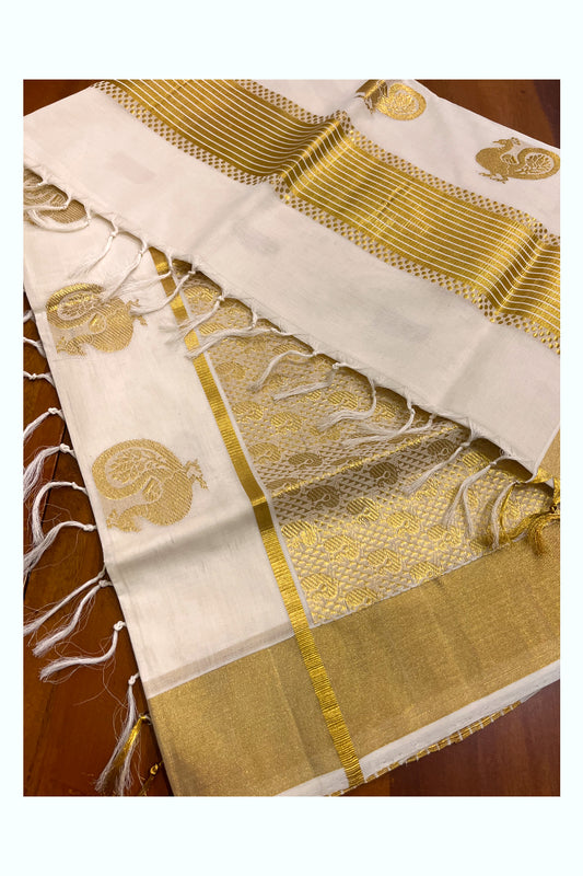 Southloom Premium Handloom Cotton Kasavu Saree with Peacock Woven Designs (Vishu 2024 Collection)