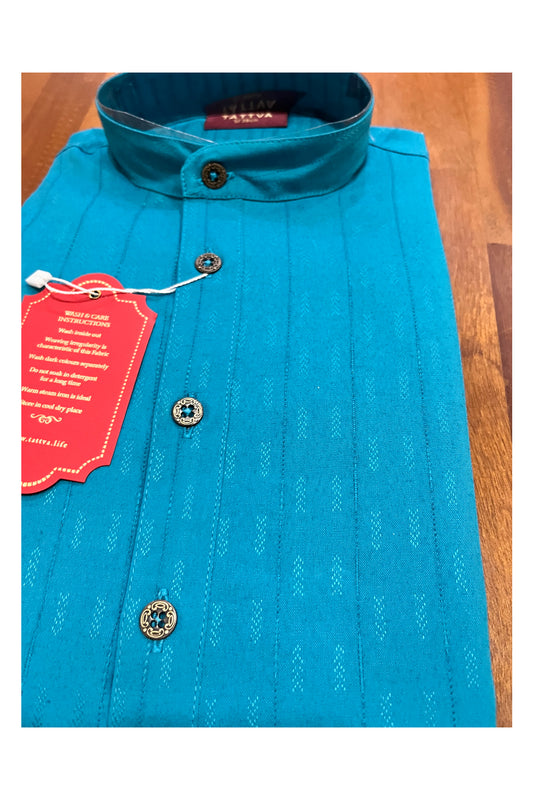 Southloom Blue Woven Works Semi Silk Short Kurta for Men