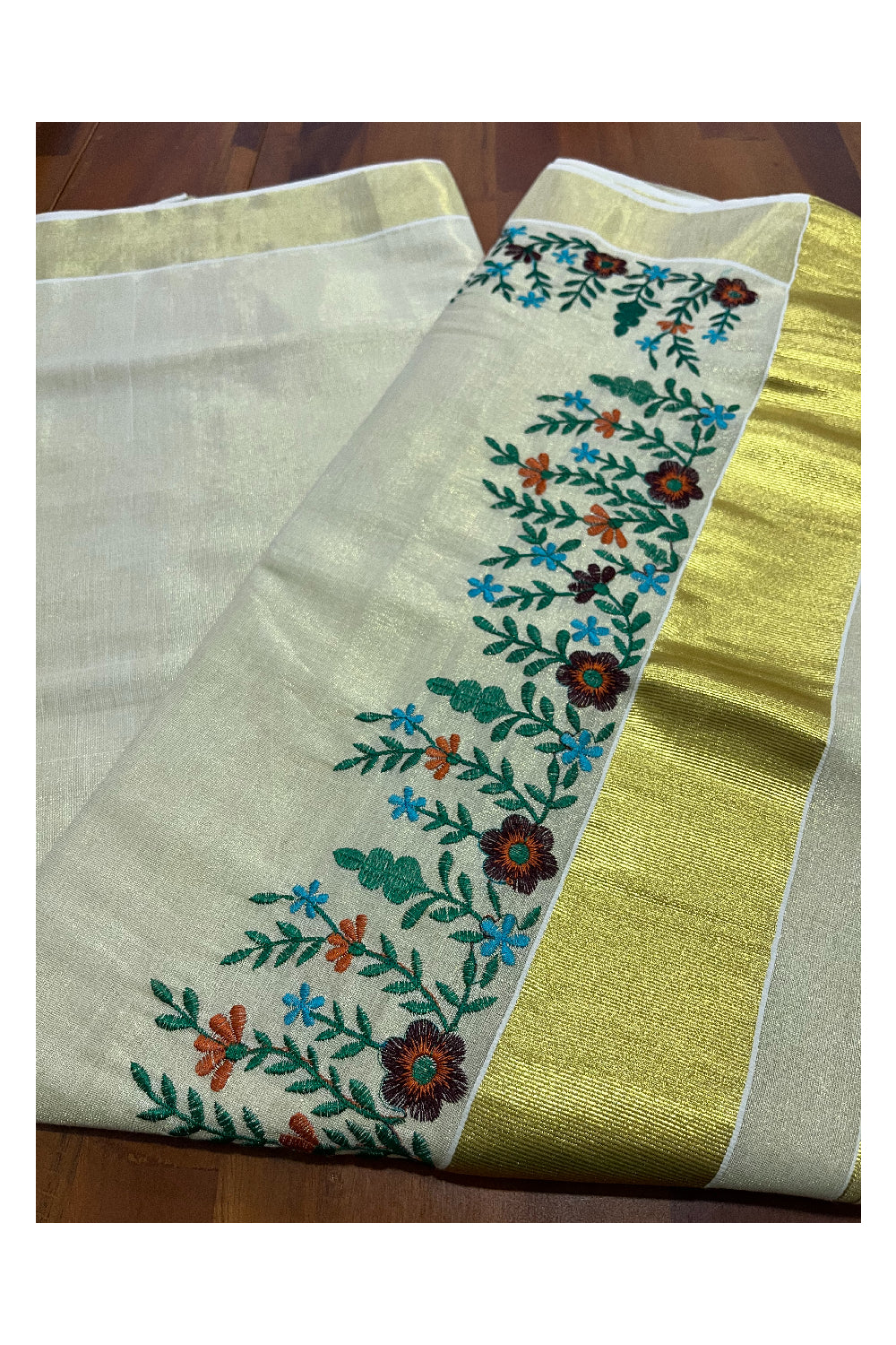 Kerala Tissue Kasavu Saree with Floral Embroidery Works on Border