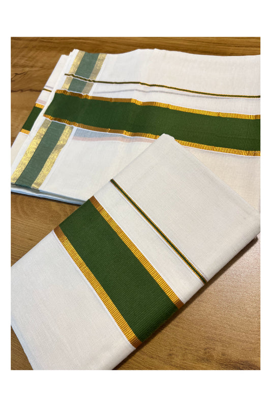 Kerala Cotton Set Mundu (Mundum Neriyathum) with Kasavu and Olive Green Border