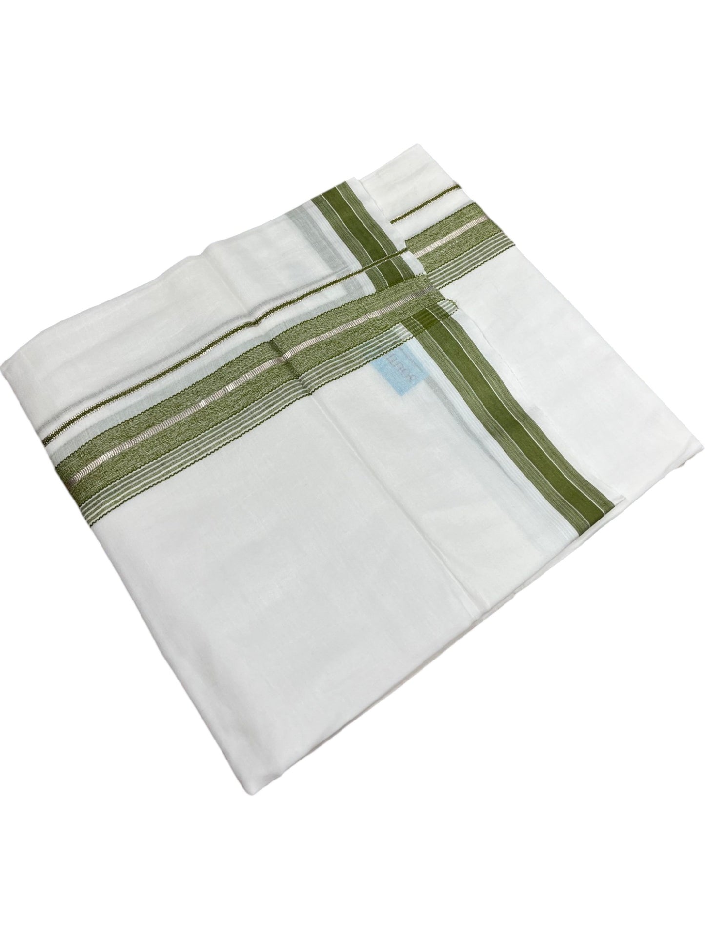 Southloom Kerala Pure White Cotton Double Mundu with Silver Line & Olive Green Border (South Indian Dhoti)