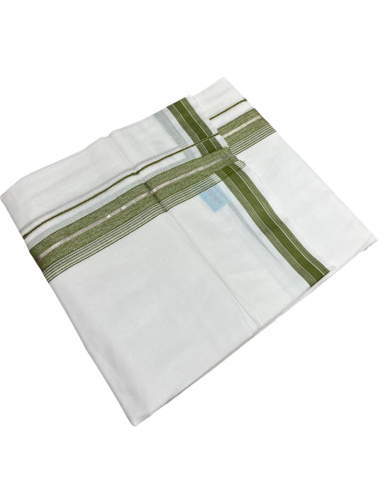 Southloom Kerala Pure White Cotton Double Mundu with Silver Line & Olive Green Border (South Indian Dhoti)