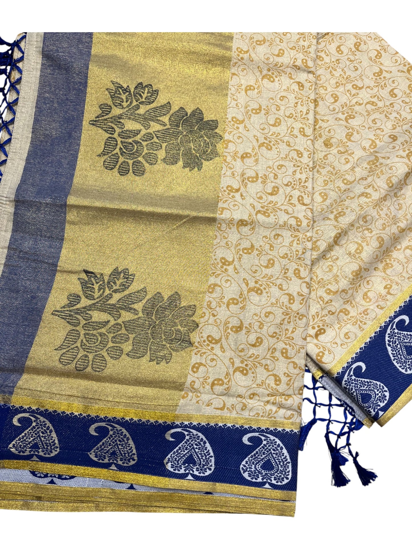 Southloom Kerala Tissue Kasavu Printed Saree with Blue Floral Embroidery Works and Tassels