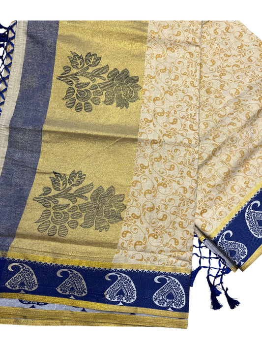 Southloom Kerala Tissue Kasavu Printed Saree with Blue Floral Embroidery Works and Tassels