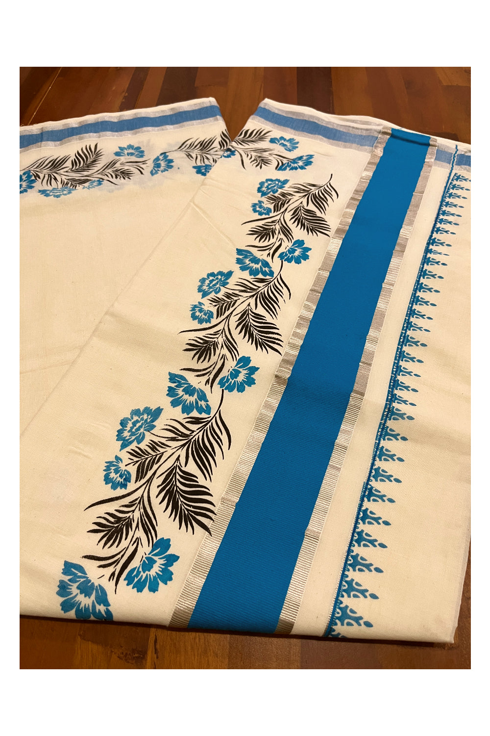 Pure Cotton Kerala Saree with Blue Black Floral Block Prints and Silver Blue Border