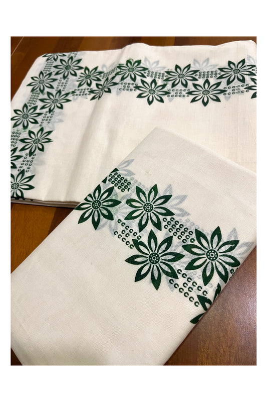 Kerala Pure Cotton Set Mundu Single (Mundum Neriyathum) with Green Floral Block Printed Border