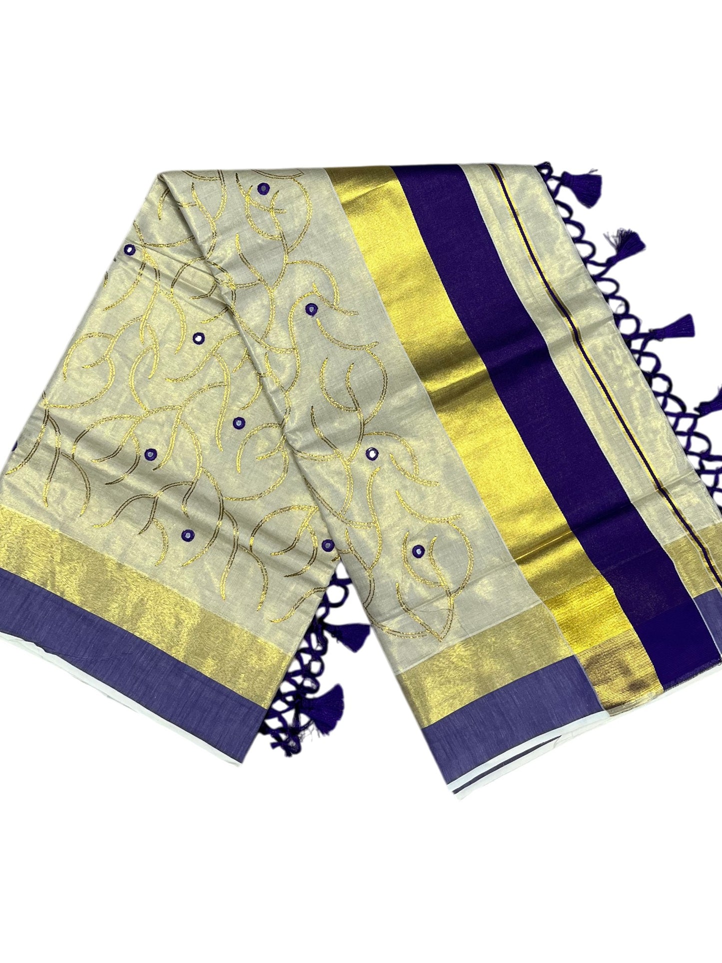 Kerala Tissue Kasavu Stripes Saree with Gold and Violet Floral Embroidery Design on Body SL269