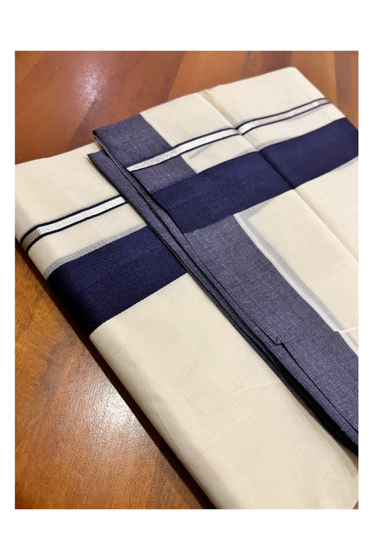 Pure Cotton Double Mundu with Silver Kasavu and Navy Blue Border (South Indian Kerala Dhoti)