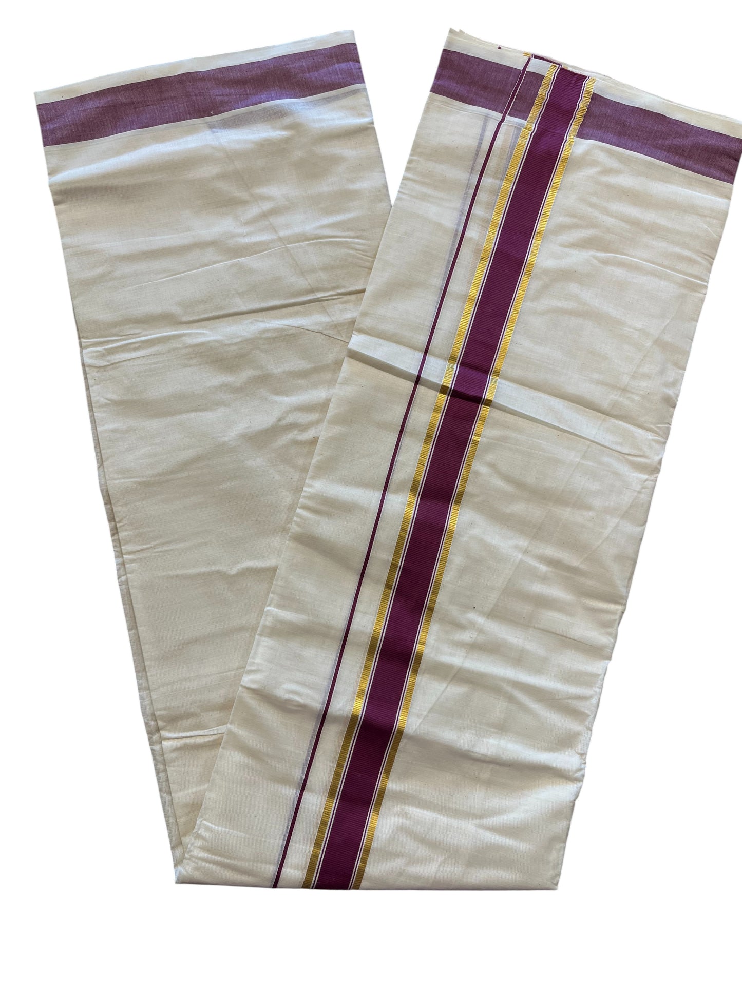 Southloom Pure Cotton Mundu with Gold Kasavu and Maroon Colour Border (South Indian Kerala Dhoti)