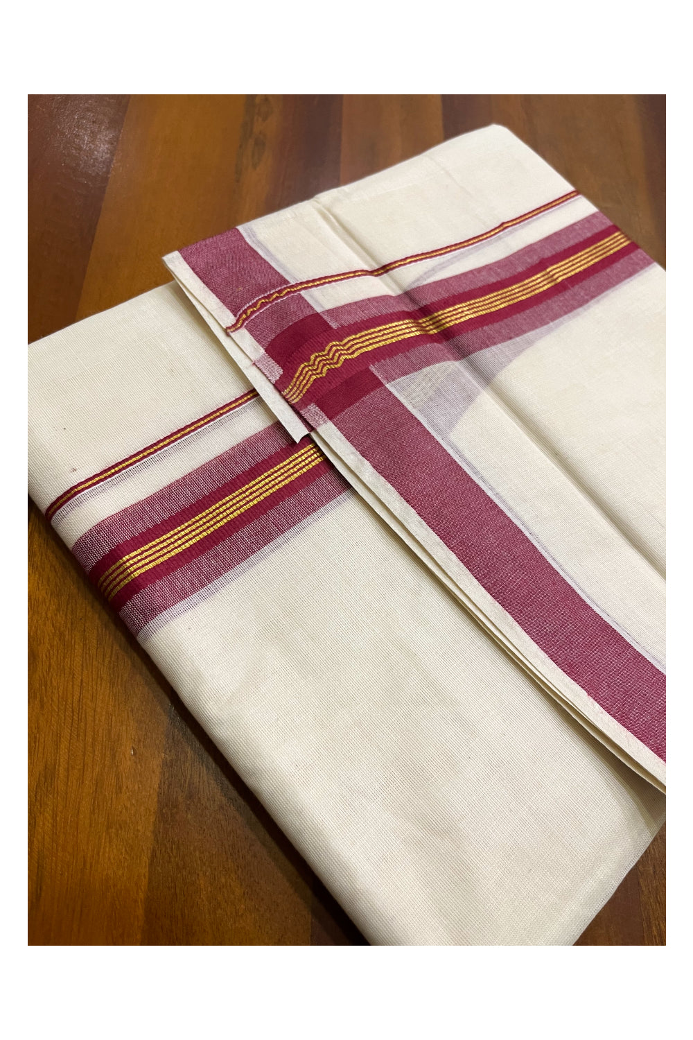 Kerala Pure Cotton Double Mundu with Kasavu and Maroon Border (South Indian Kerala Dhoti)