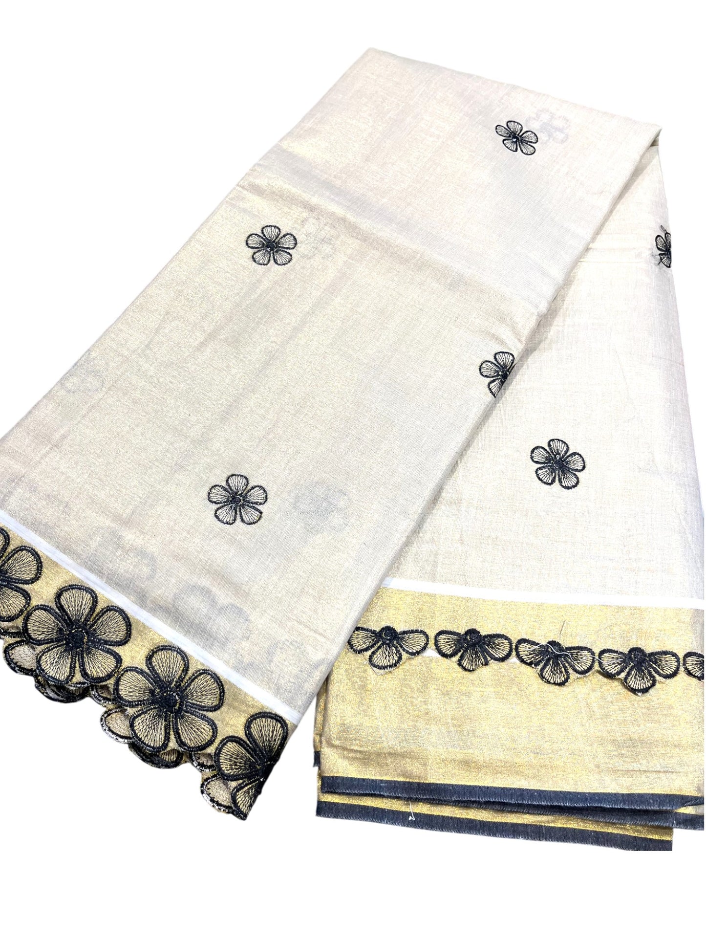 Southloom Kerala Tissue Kasavu Saree with Black Floral Embroidery on Body and Border