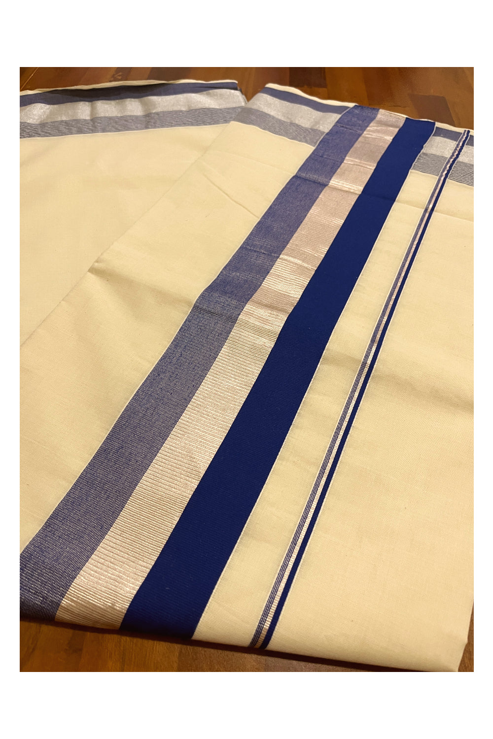 Kerala Pure Cotton Plain Saree with Silver Kasavu and Blue Border