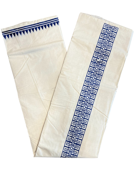 Southloom Pure Cotton Double Mundu with Block Prints on Blue Kara (South Indian Kerala Dhoti)