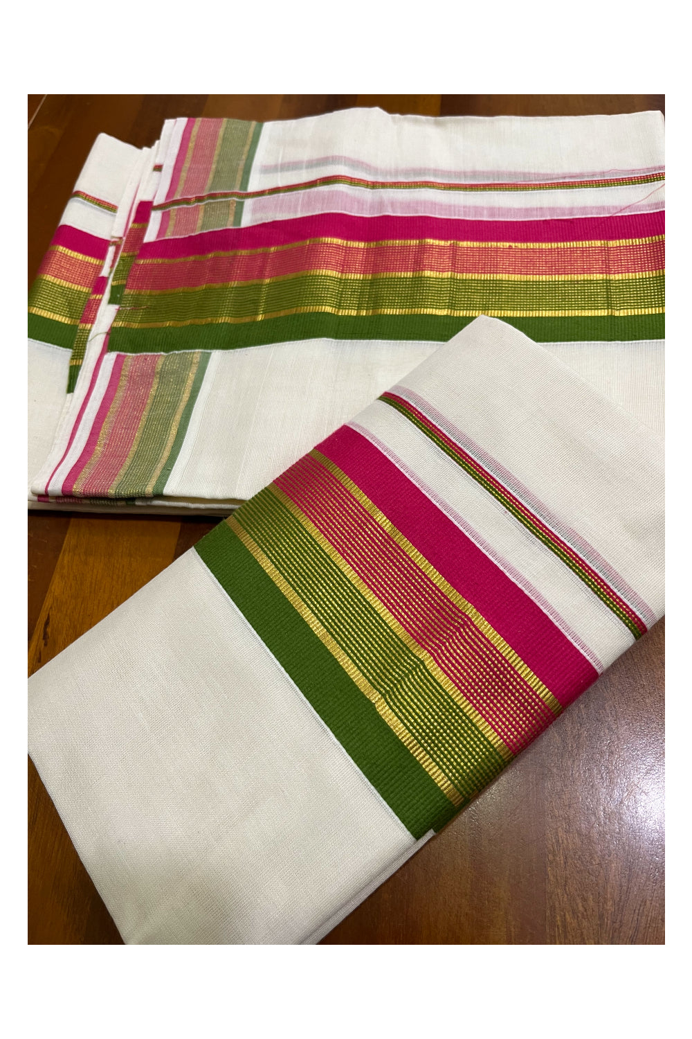 Kerala Cotton Kasavu Set Mundu (Mundum Neriyathum) with Pink Olive Green Border 2.80 Mtrs