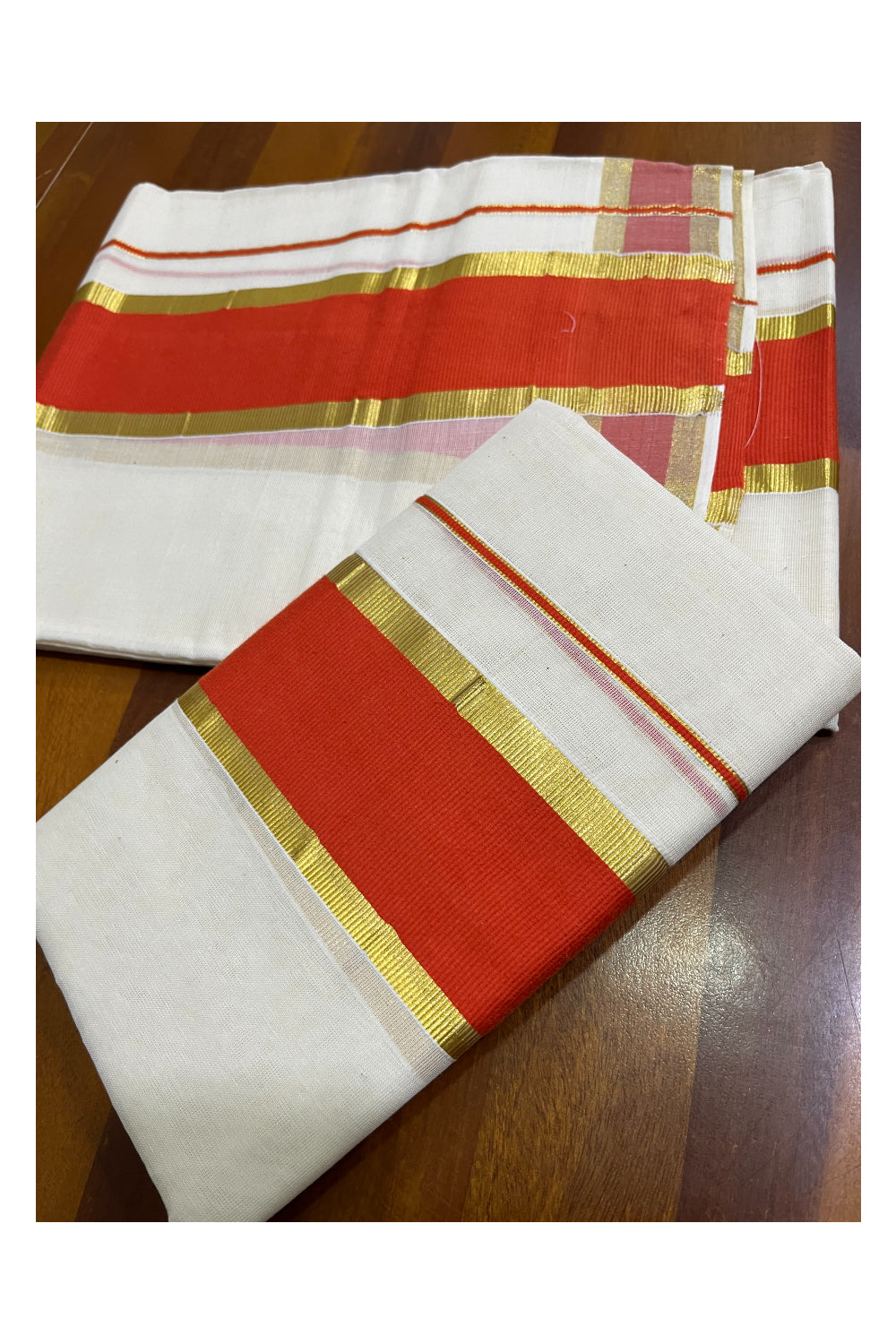 Kerala Cotton Set Mundu (Mundum Neriyathum) with Orange and Kasavu Border 2.80 Mtrs