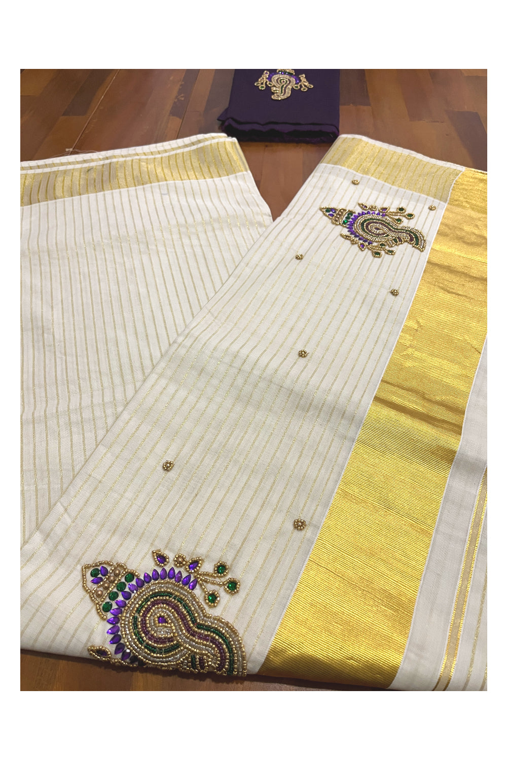 Kerala Cotton Kasavu Lines Design and Bead Work Saree with Seperate Purple Blouse Piece