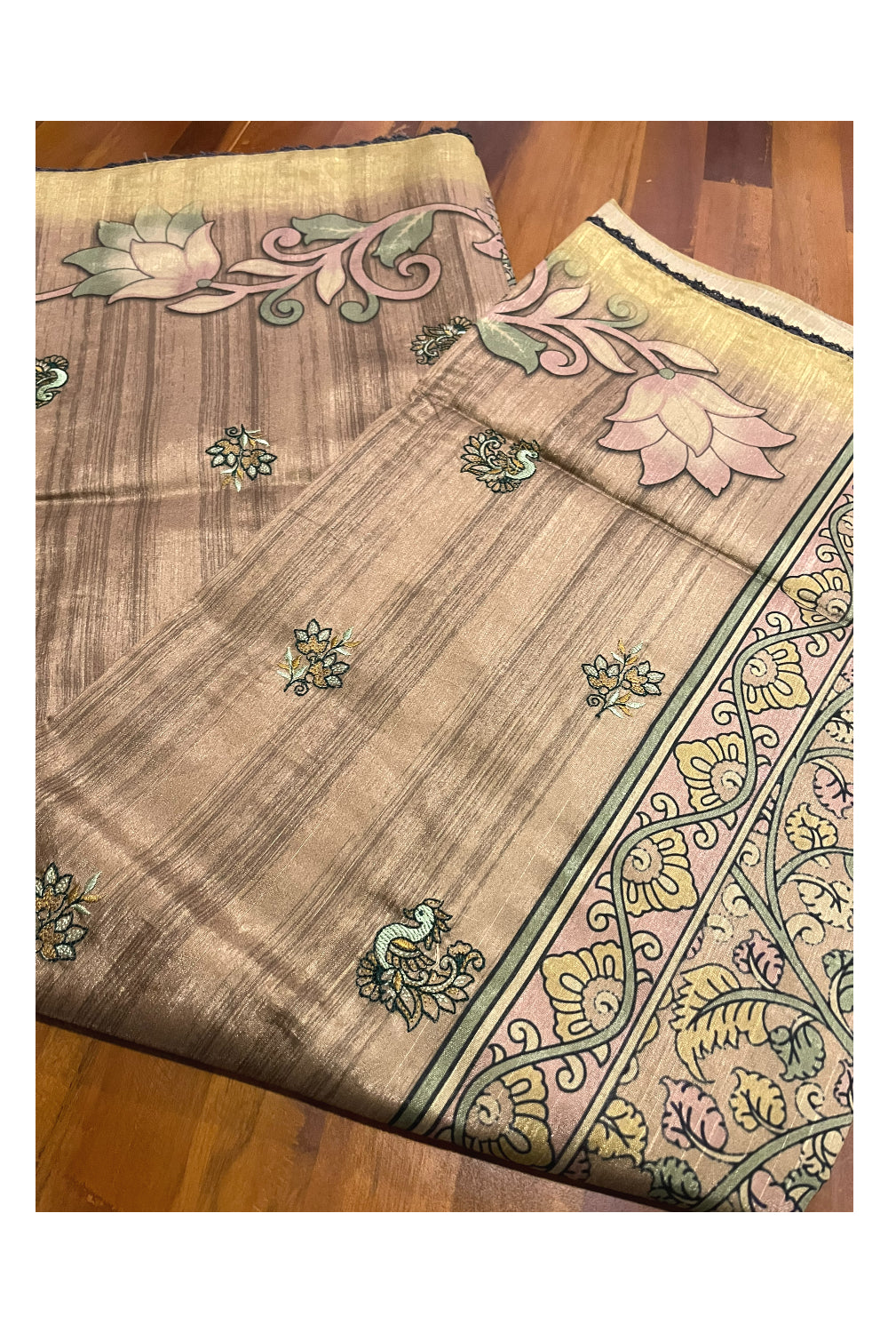 Southloom Semi Tussar Brown Floral Designer Prints and Thread Work Saree