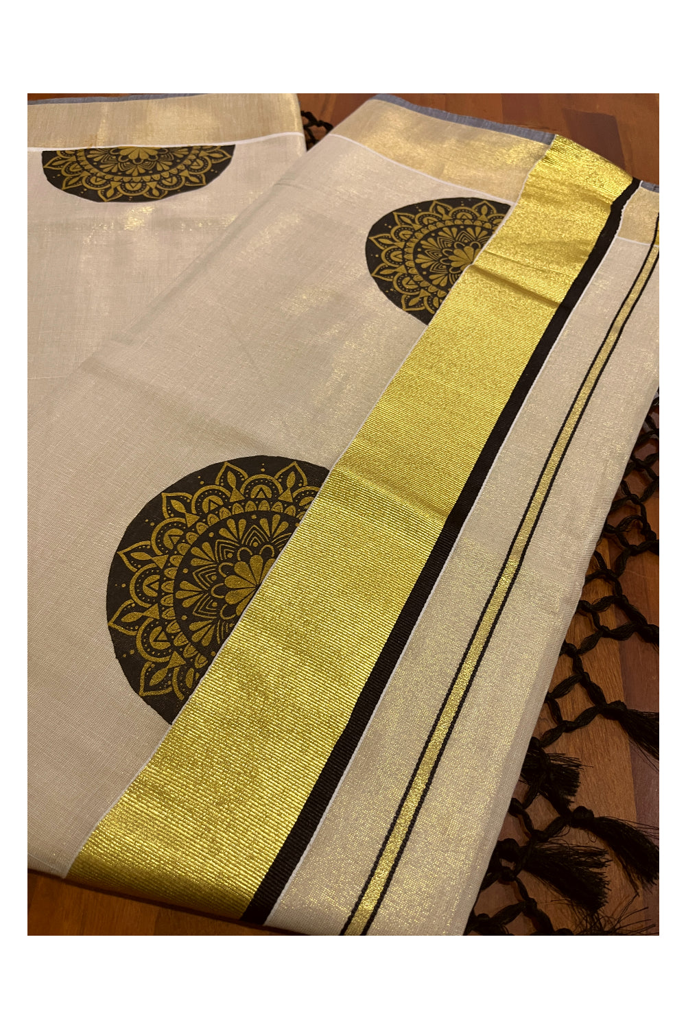 Kerala Tissue Kasavu Saree with Brown Block Prints and Kasavu Black Border