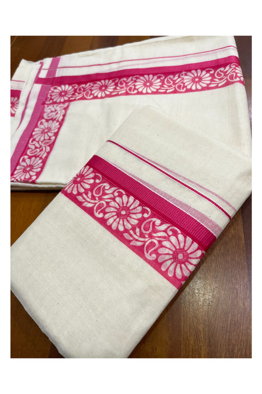 Kerala Cotton Kasavu Single Set Mundu (Mundum Neriyathum) with Pink Kara and  Block prints (Onam 2024 Collection)