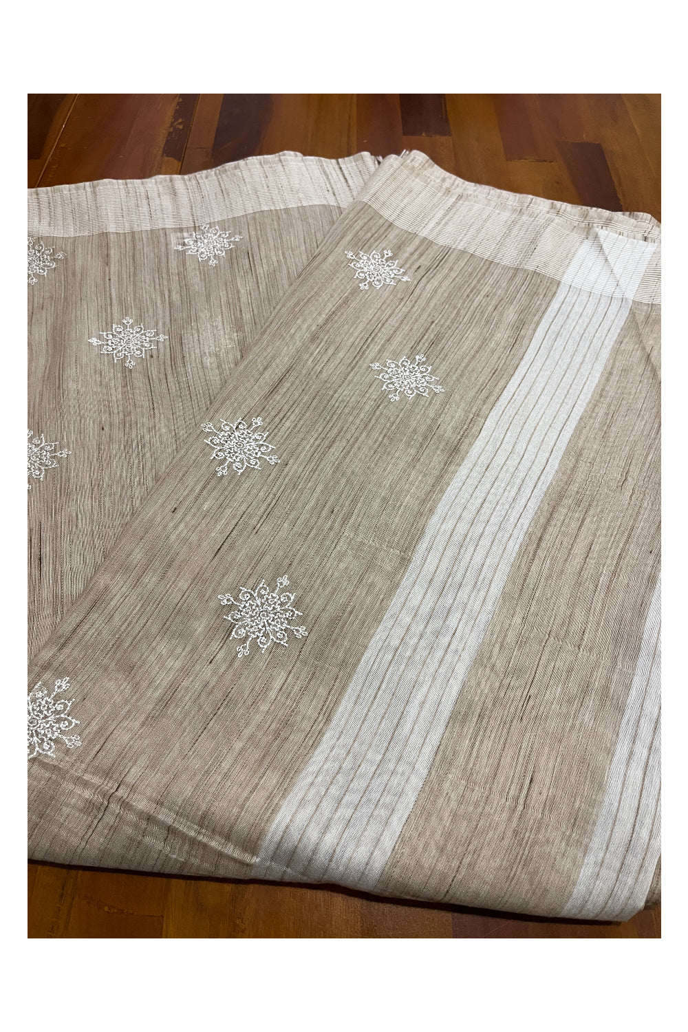 Southloom Cotton Light Brown Floral Thread Work Saree