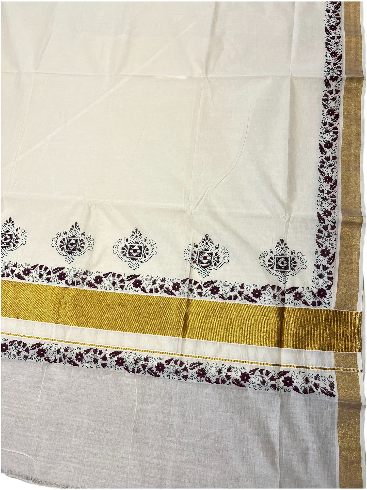 Southloom Cotton Kerala Kasavu Saree with Brown Block Prints On Border