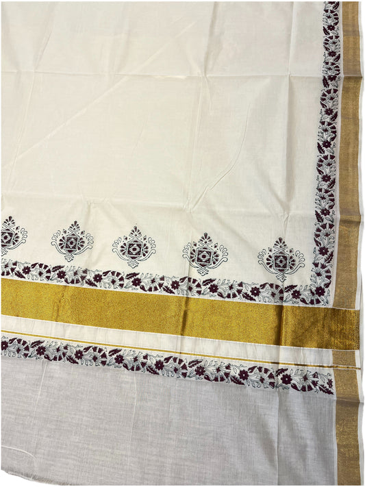 Southloom Cotton Kerala Kasavu Saree with Brown Block Prints On Border