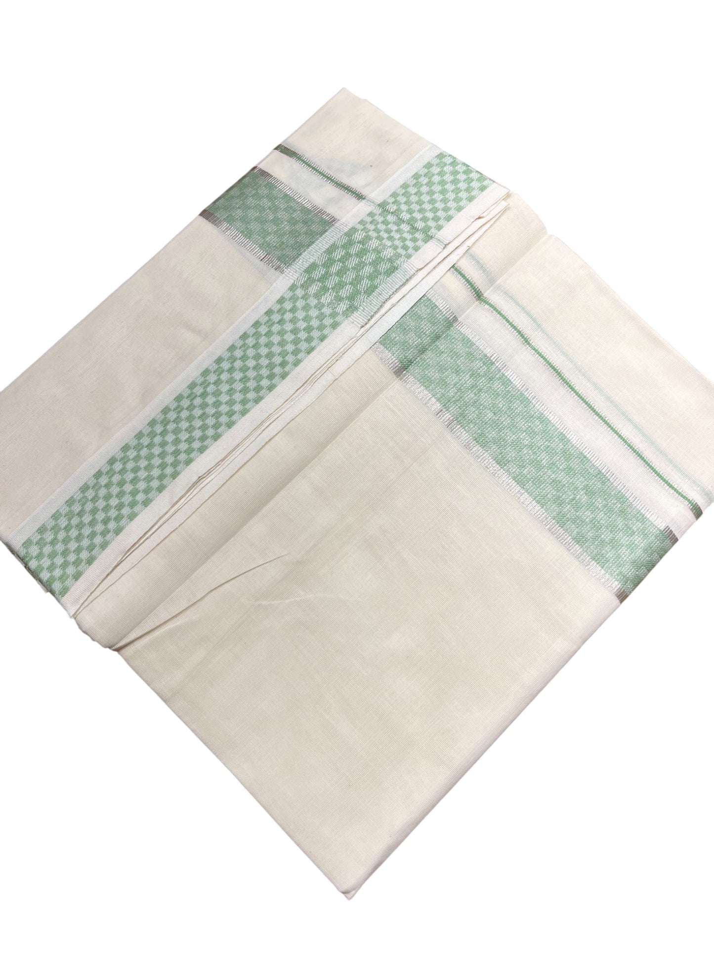 Southloom Kerala Pure Cotton Double Mundu with Silver Lines & Green Border (South Indian Dhoti)