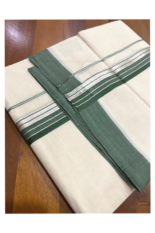 Pure Cotton 100x100 Double Mundu with Silver Kasavu and Green Border (Onam Mundu 2023)