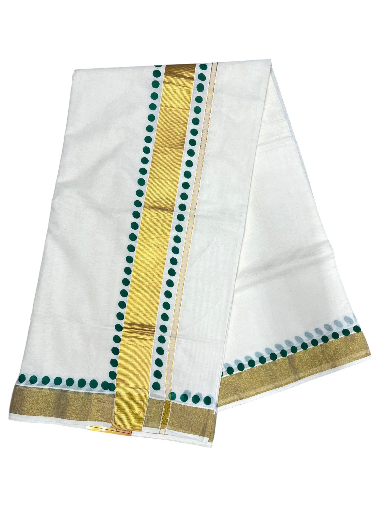 Southloom Cotton Kerala Kasavu Saree with Green Polk Dots Design Border