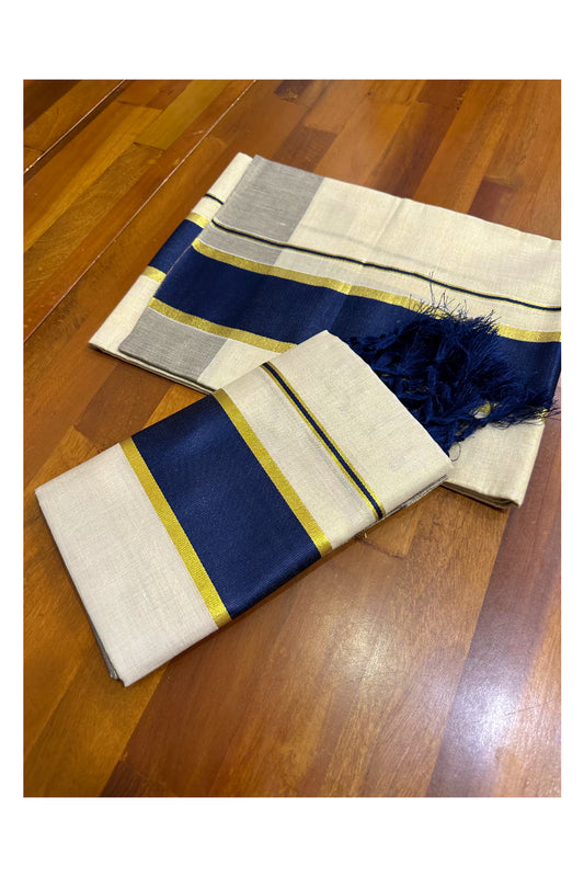 Kerala Tissue Kasavu Set Mundu (Mundum Neriyathum) with Navy Blue Border Tassels on Pallu 2.80 Mtrs (Vishu 2024 Collection)