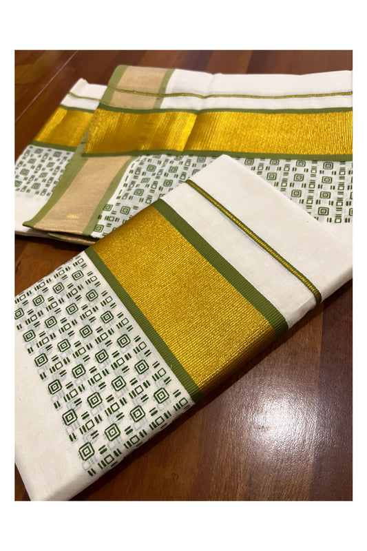 Pure Cotton Kerala Single Set Mundu (Mundum Neriyathum) with Green Block Printed Kasavu Border