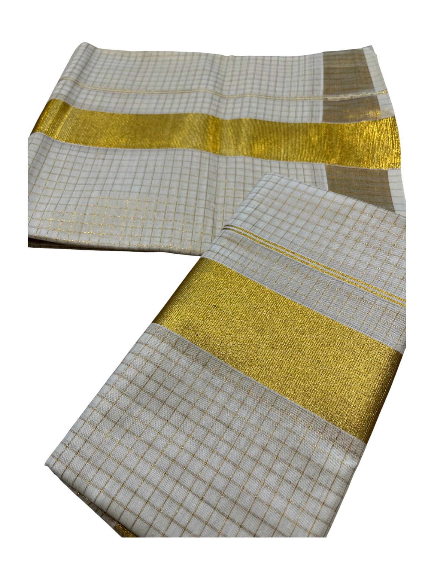 Southloom Pure Cotton Mundum Neriyathum (Set Mundu) with Gold Kasavu Micro Check Acorss Body
