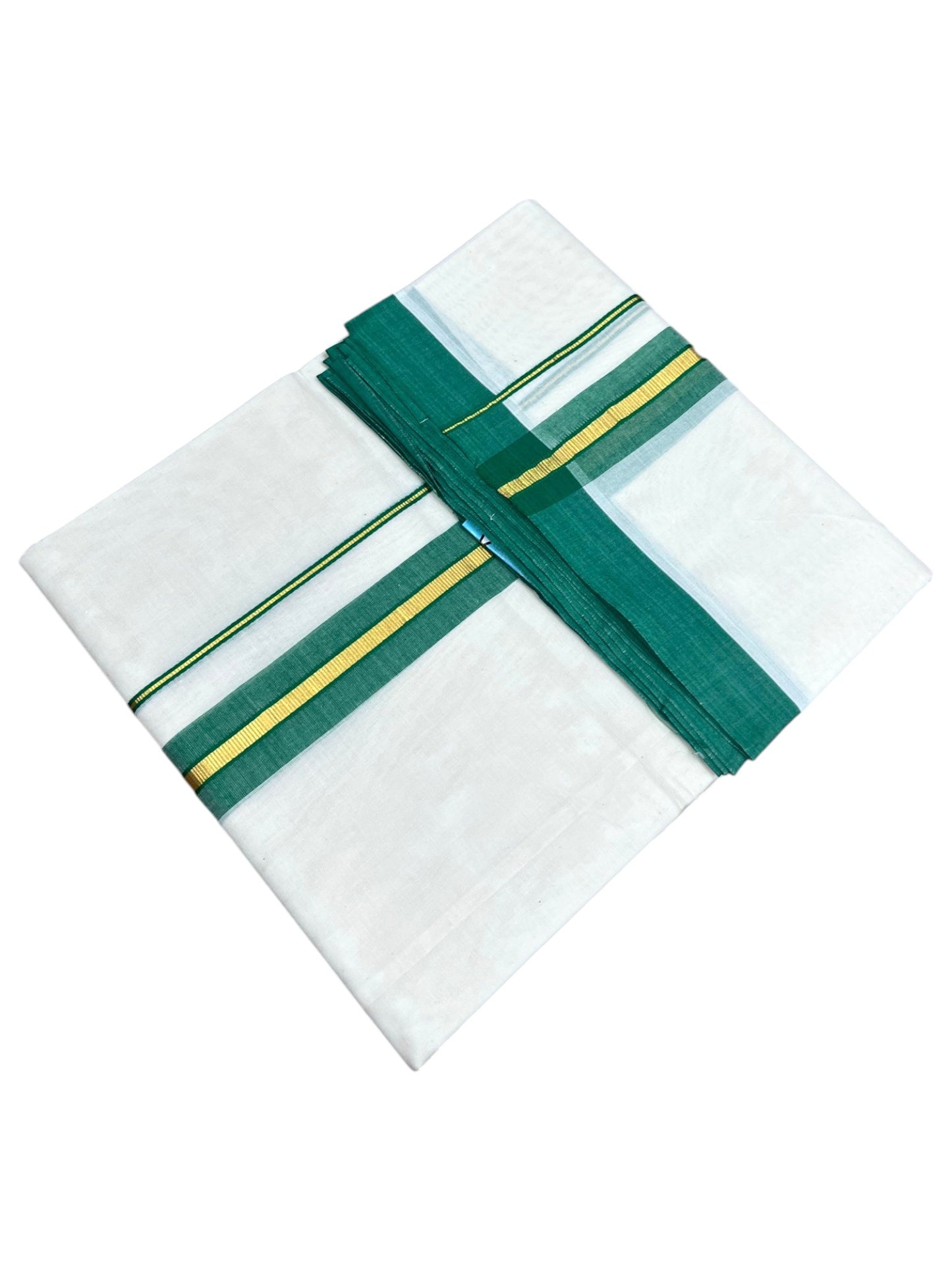 Southloom Pure Cotton Mundu with Gold Lines and Green Border (South Indian Kerala Dhoti)