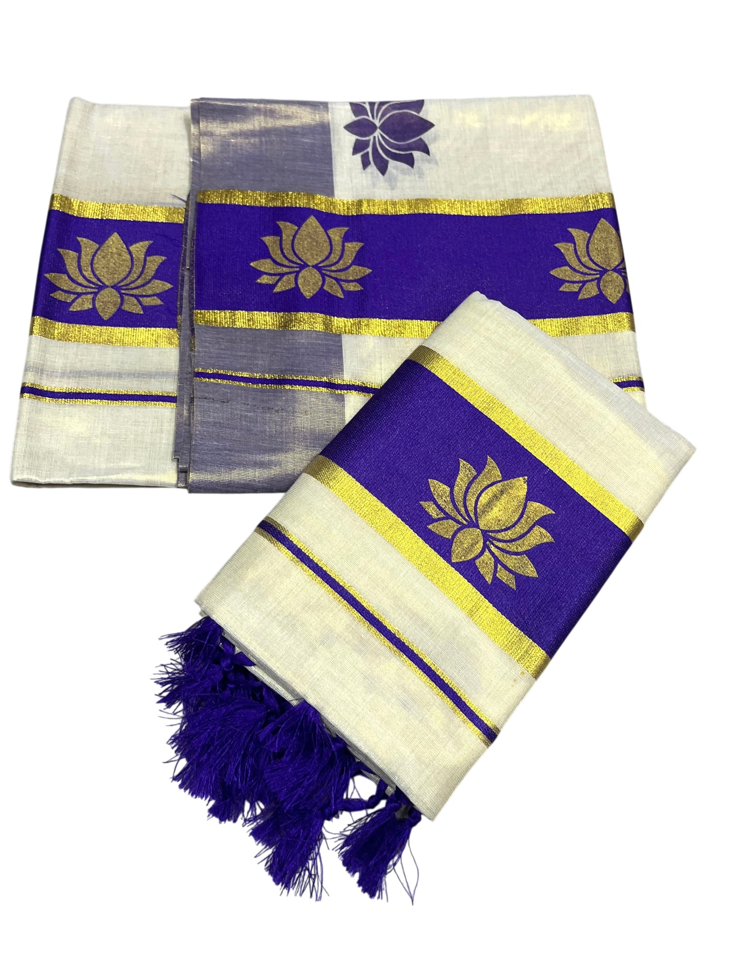 Southloom Kerala Cotton Kasavu Single Set Mundu (Mundum Neriyathum) with Lotus Design in Violet