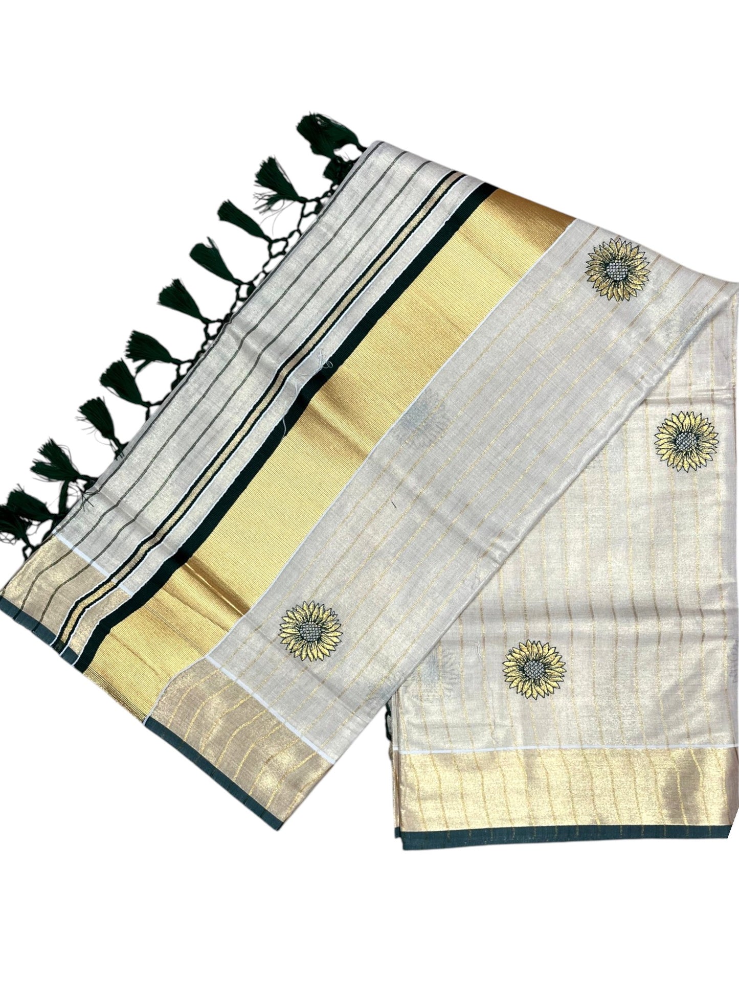 Southloom Kerala Tissue Kasavu Lines Saree with Embroidery Work on Body in Green SL315