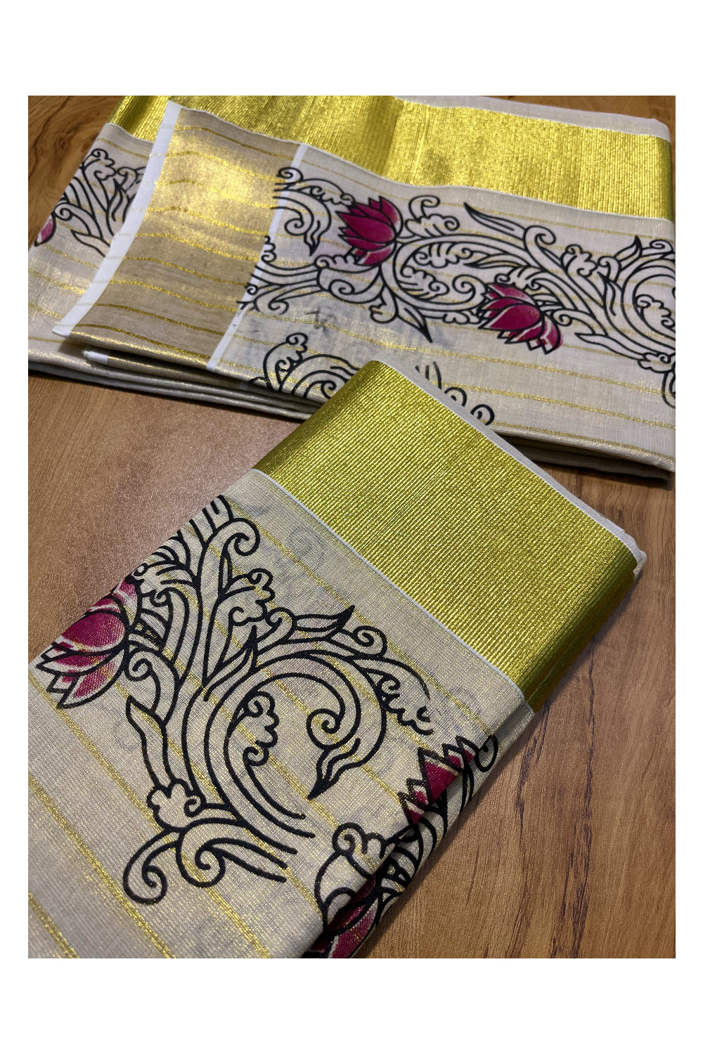 Kerala Tissue Single Set Mundu (Mundum Neriyathum) with Magenta Lotus Block Printed Design 2.80Mtr