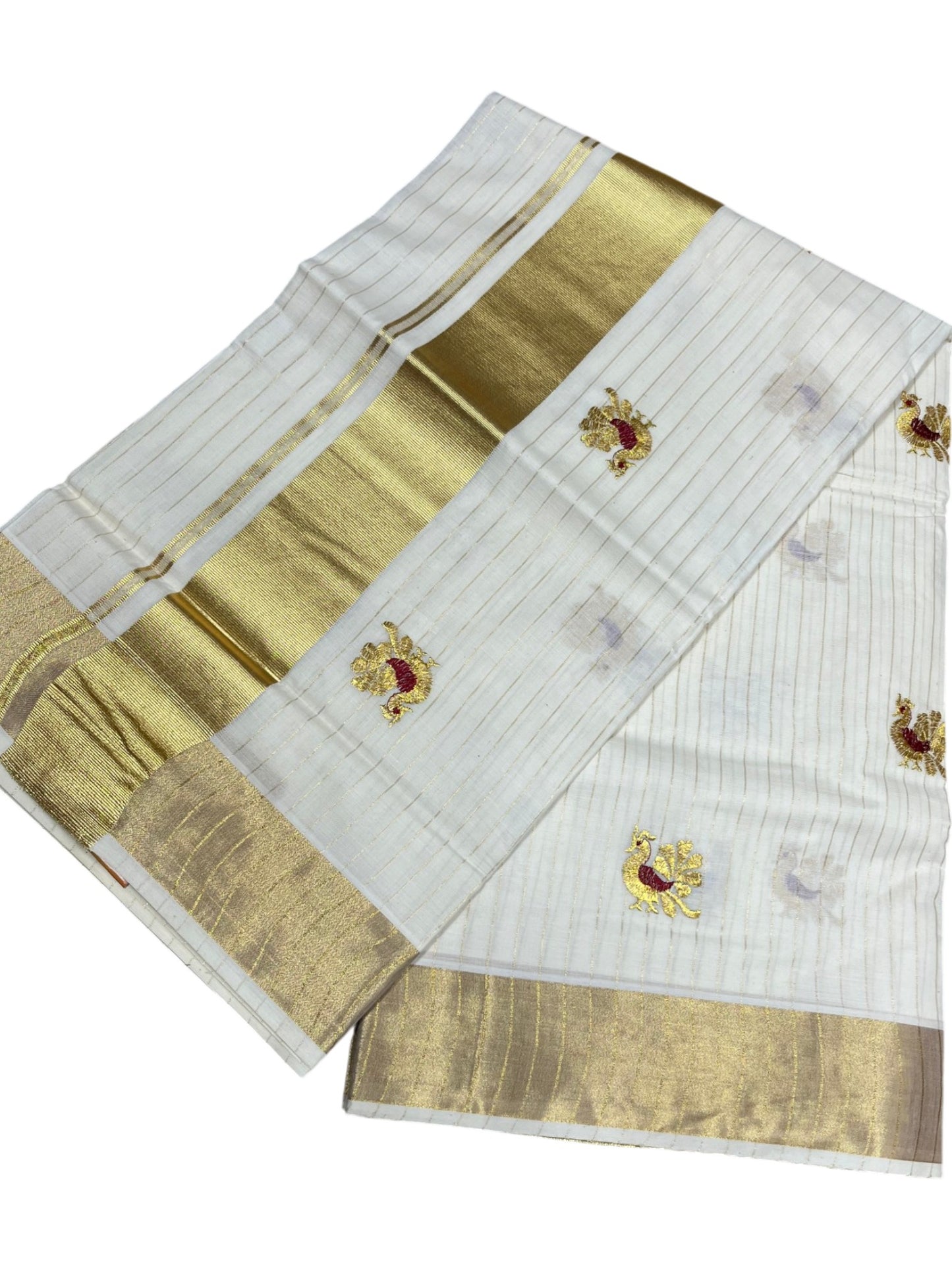 Southloom Cotton Kerala Kasavu Lines Saree with Peacock Embroidery Work on Body in Maroon