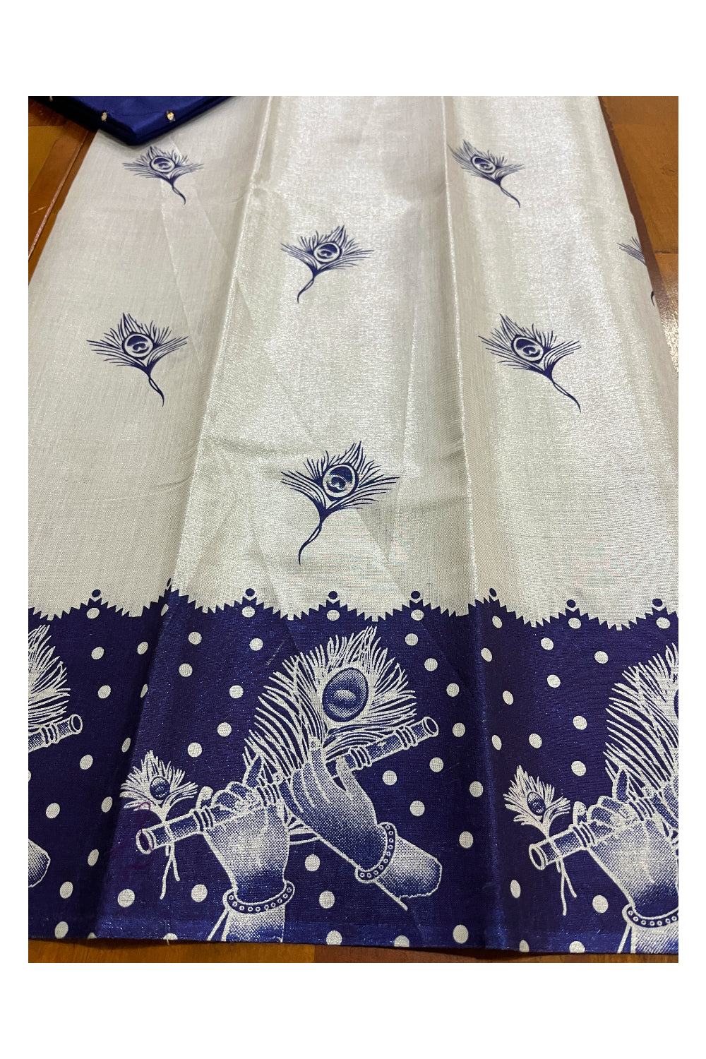 Kerala Silver Tissue Block Printed Pavada and Blue Blouse Material for Kids 3 Meters