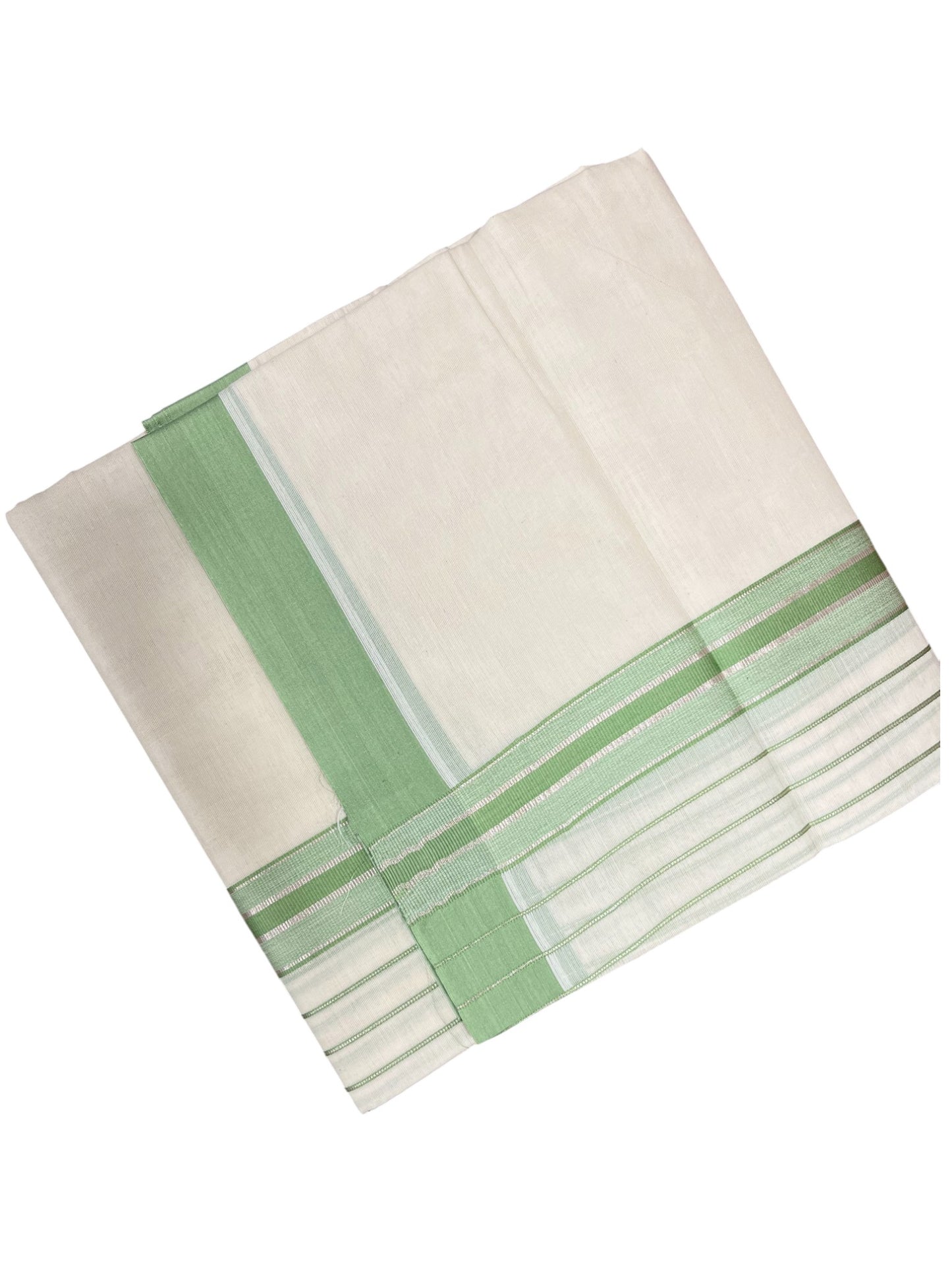 Southloom Kerala Pure Cotton Double Mundu with Green And Silver Lines Border (South Indian Dhoti)