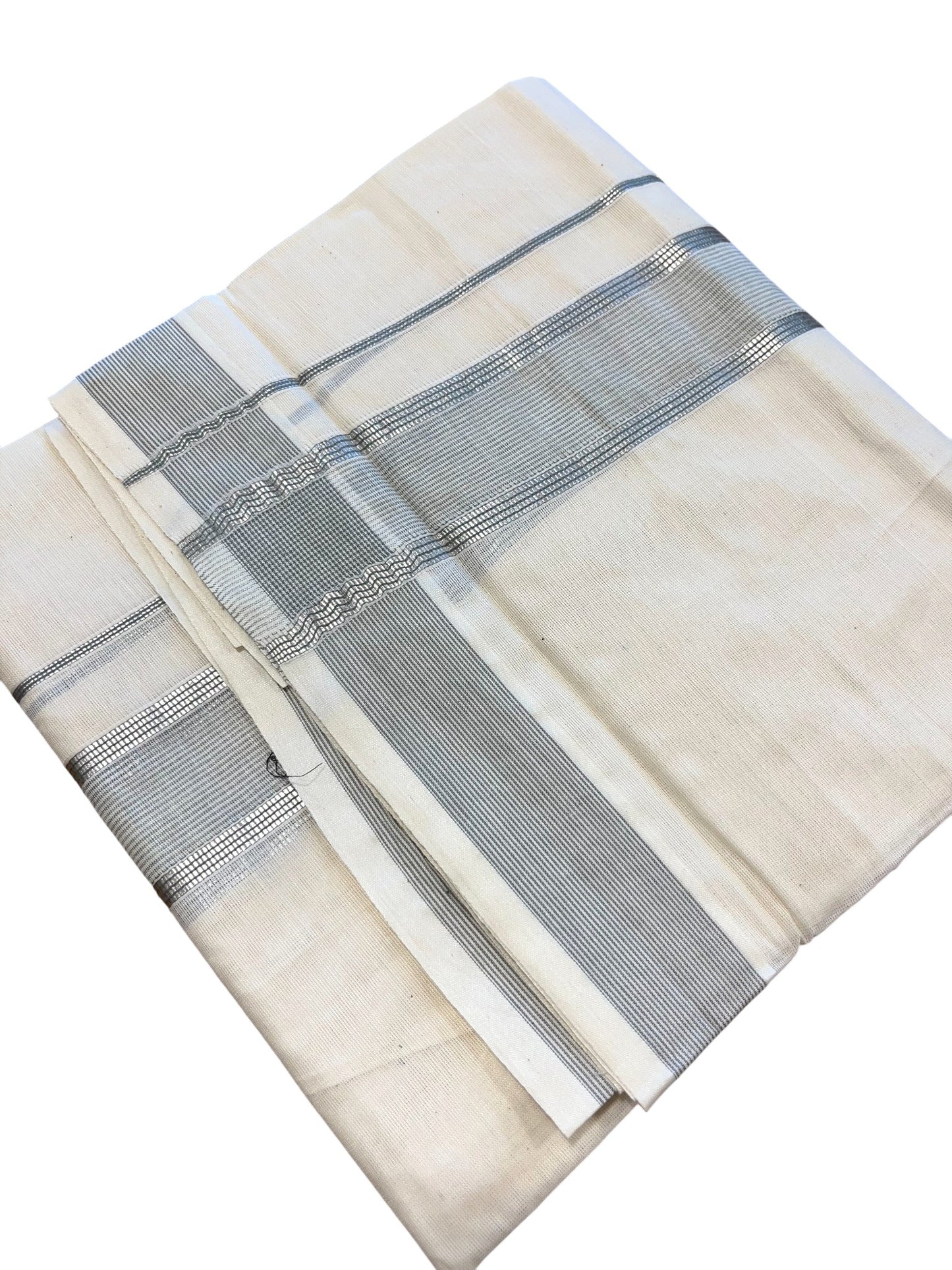 Southloom Kerala Pure Cotton Double Mundu with Silver Lines & Grey Border (South Indian Dhoti)