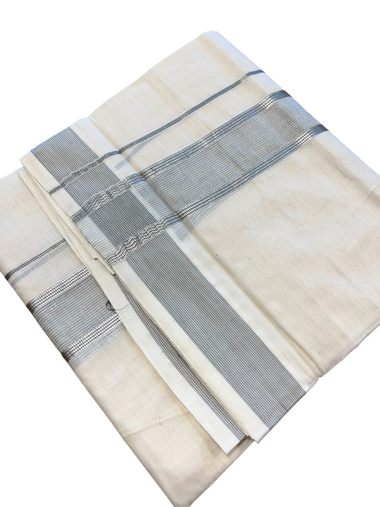 Southloom Kerala Pure Cotton Double Mundu with Silver Lines & Grey Border (South Indian Dhoti)